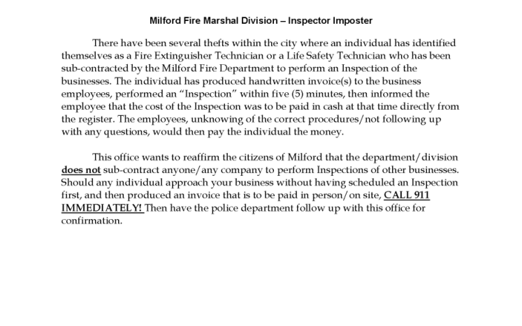 Milford Fire Marshal Division - Inspector Imposter